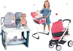 Smoby Set masă medicală Baby Care Center Smoby cu cărucior combinație triplă și scaun de masă cu leagăn și marsupiu Maxi Cosi (SM240300-9)