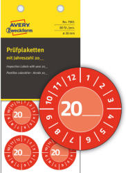 Avery Zweckform No. 7901 piros színű, 30 mm átmérőjű, öntapadós időjárásálló felülvizsgálati címke, 20__ évszámmal, 12 hónapos beosztással - kiszerelés: 80 címke / csomag