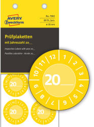 Avery Zweckform No. 7902 sárga színű, 30 mm átmérőjű, öntapadós időjárásálló felülvizsgálati címke, 20__ évszámmal, 12 hónapos beosztással - kiszerelés: 80 címke / csomag