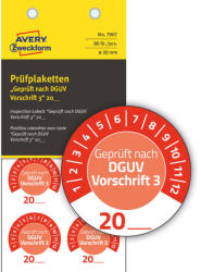 Avery-Zweckform No. 7907 piros színű, 30 mm átmérőjű, öntapadós időjárásálló felülvizsgálati címke, 20__ évszámmal, Geprüft nach DGUV Vorschrift 3 felirattal, 12 hónapos beosztással - kiszerelés: 80 címke / csomag