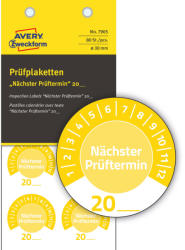Avery Zweckform No. 7905 sárga színű, 30 mm átmérőjű, öntapadós időjárásálló felülvizsgálati címke, 20__ évszámmal, Nächster Prüftermin felirattal, 12 hónapos beosztással - kiszerelés: 80 címke / csom
