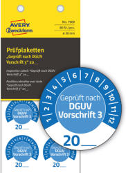Avery Zweckform No. 7909 kék színű, 30 mm átmérőjű, öntapadós időjárásálló felülvizsgálati címke, 20__ évszámmal, Geprüft nach DGUV Vorschrift 3 felirattal, 12 hónapos beosztással - kiszerelés: 80 cím