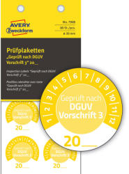  Avery Zweckform No. 7908 sárga színű, 30 mm átmérőjű, öntapadós időjárásálló felülvizsgálati címke, 20__ évszámmal, Geprüft nach DGUV Vorschrift 3 felirattal, 12 hónapos beosztással - kiszerelés: 80 c