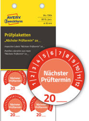 Avery Zweckform No. 7904 piros színű, 30 mm átmérőjű, öntapadós időjárásálló felülvizsgálati címke, 20__ évszámmal, Nächster Prüftermin felirattal, 12 hónapos beosztással - kiszerelés: 80 címke / csom