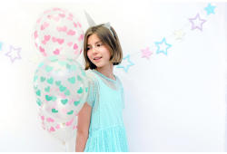 PartyDeco S. r. o Átlátszó lufi, világos kék szívekkel díszítve, 30cm, 5 db/cs