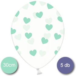 PartyDeco Átlátszó lufi, menta zöld szívekkel díszítve, 30cm, 5 db/cs