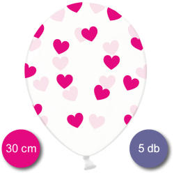 PartyDeco Átlátszó lufi fuxia szívekkel díszítve, 30cm, 5 db/cs