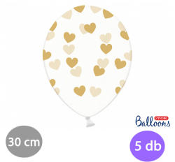 PartyDeco Átlátszó lufi arany szívekkel díszítve, 30cm, 5 db/cs