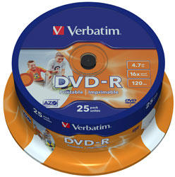 Verbatim DVD-R Verbatim 4.7GB 16x cake 25бр. Printable Празни дискове CD, DVD  Цени, оферти и мнения, списък с магазини, евтино Verbatim DVD-R Verbatim  4.7GB 16x cake 25бр. Printable