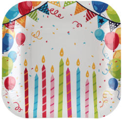 Születésnapi parti tányér színes tortás, lufis 18 x 18 cm, 10 db
