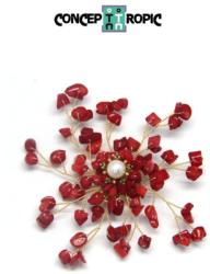  Brosa si Pandantiv din Coral Rosu si Perle - Metal - 7 x 6 cm