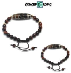  Bratara Ochi de Tigru Rosu cu Agata Tibetana Dzi - Rotund - Butoias Fatetat - Accesorii Gold Filled -1 Buc