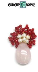  Brosa si Pandantiv din Cuart Roz - Coral Rosu si Perle - Metal - 5, 5 x 4 cm