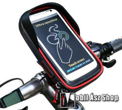  UNIVERZÁLIS biciklis / kerékpáros tartó konzol mobiltelefon készülékekhez - cseppálló védő tokos kialakítás, cipzár, kormányra rögzíthető, 6" készülékekhez - FEKETE / PIROS