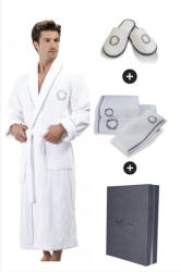 Soft Cotton SEHZADE férfi fürdőköpeny ajándékdobozban + törölköző+ papucs S + papucs (40/42) + törölköző + box Fehér-ezüst hímzés / Silver