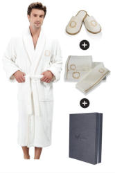 Soft Cotton SEHZADE férfi fürdőköpeny ajándékdobozban + törölköző+ papucs XL + papucs (42/44) + törölköző + box Vaj szín - arany hímzés / Gold embroidery