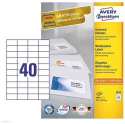 Avery Zweckform Etikett címke univerzális 3651 fehér 52, 5 x 29, 7 mm 100 ív Avery