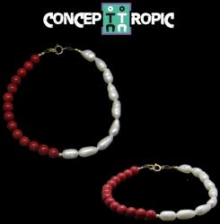  Bratara Coral Rosu cu Perle de Cultura Rotund - Neregulate - 1 Buc