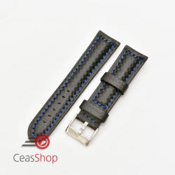  Curea piele tip fibra carbon neagră, cusătură albastră, căptușită 22mm - 3742215