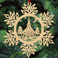  Fa karácsonyfadísz - Hópehely templommal