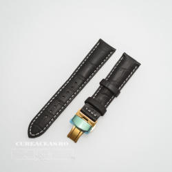  Curea piele vitel captusita negră cu cusătură albă și deployant auriu 20 mm - cureaceas