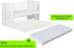 Klups Patut Cu Sertar Klups Paula Alb + Saltea 8 Mykids