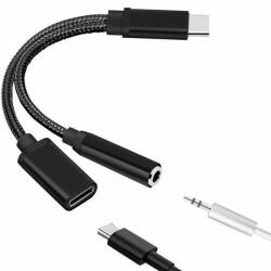 Mobile Tech Protection Cablu Adaptor USB Type C la USB Type C + 3.5 mm Jack Nylon Braided MTP - Black