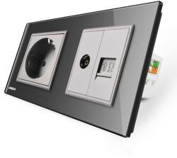 LIVOLO Priza dubla Livolo cu rama din sticla 1 priza Schuko+TV/internet - culoare gri