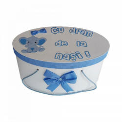 Produs vandut si livrat de S. C. Denikos Creativ S Cutie trusou botez personalizata, decor carouri si elefantel, Denikos® 223