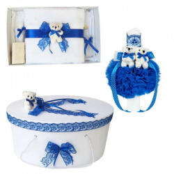 Produs vandut si livrat de S. C. Denikos Creativ S Set trusou botez, cutie trusou si lumanare, dantela si Ursuleti, decor albastru, Denikos® 554