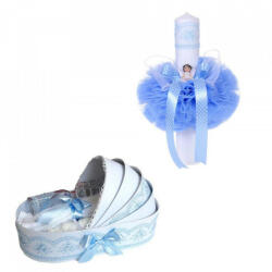 Produs vandut si livrat de S. C. Denikos Creativ S Trusou botez in landou si lumanare glob cu ingeras, decor bleu Denikos® 160