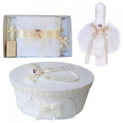 Produs vandut si livrat de S. C. Denikos Creativ S Set trusou botez, cutie trusou si lumanare, Ingeras, dantela ivoire, Denikos® 471
