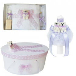 Produs vandut si livrat de S. C. Denikos Creativ S Set trusou botez, cutie trusou si lumanare, dantela si Ursuleti, decor Lila, Denikos® 557