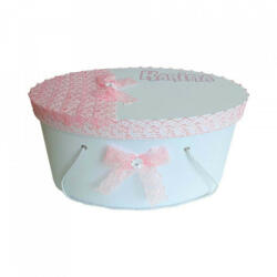 Produs vandut si livrat de S. C. Denikos Creativ S Cutie trusou botez pentru fetita, personalizata, decor dantela roz, Denikos® 217