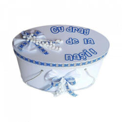 Produs vandut si livrat de S. C. Denikos Creativ S Cutie trusou botez personalizata cu mesaj, decor traditional albastru, Denikos® 227