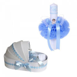 Produs vandut si livrat de S. C. Denikos Creativ S Trusou botez in landou si lumanare cu ingeras, decor bleu Denikos® 111