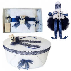 Produs vandut si livrat de S. C. Denikos Creativ S Set trusou botez, cutie trusou si lumanare, Ursulet, dantela bleumarin, Denikos® 469