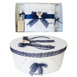 Produs vandut si livrat de S. C. Denikos Creativ S Set trusou botez si cutie trusou, Ingeras, dantela bleumarin, Denikos® 447