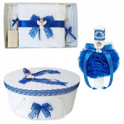 Produs vandut si livrat de S. C. Denikos Creativ S Set trusou botez, cutie trusou si lumanare, dantela si Ingeras, decor Albastru, Denikos® 562