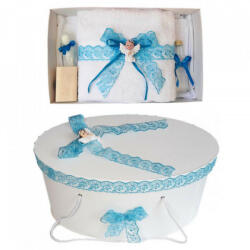 Produs vandut si livrat de S. C. Denikos Creativ S Set trusou botez si cutie trusou, Ingeras, dantela turcoaz, Denikos® 455