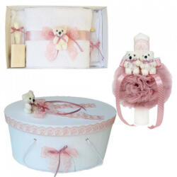 Produs vandut si livrat de S. C. Denikos Creativ S Set trusou botez, cutie trusou si lumanare, dantela si Ursuleti, decor roz pudra, Denikos® 556