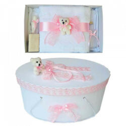 Produs vandut si livrat de S. C. Denikos Creativ S Set trusou botez si cutie trusou, Ursulet, dantela roz, Denikos® 466
