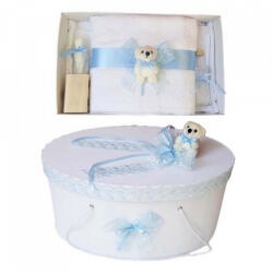 Produs vandut si livrat de S. C. Denikos Creativ S Set trusou botez si cutie trusou, Ursulet, dantela bleu, Denikos® 457