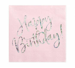 PartyDeco S. r. o Szalvéta, világos púder pink, happy birthday, 20 db, 33x33 cm