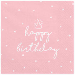 PartyDeco Szalvéta, light pink, happy birthday, 20 db, 33x33 cm