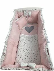 Deseda Lenjeria cu apărători Super groase și inimioara gri Roz pal - steluțe gri pe alb pat 140x70 cm (3738)