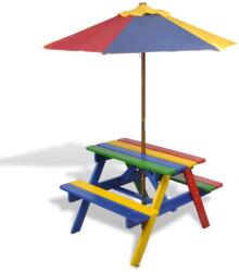 vidaXL Masă de picnic pentru copii cu bănci & umbrelă, lemn multicolor (40773)
