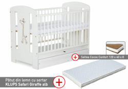 Klups Patut cu sertar KLUPS Safari Giraffe Alb + Saltea 8 Confort II