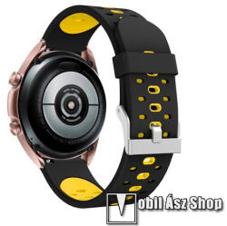  Okosóra szíj - szilikon - FEKETE / CITROMSÁRGA - 118mm+98mm hosszú, 20mm széles, 135-235mm átmérőjű csuklóméretig - SAMSUNG Galaxy Watch 42mm / Amazfit GTS / Galaxy Watch3 41mm / HUAWEI Watch GT 2 42m