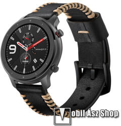 Valódi bőr okosóra szíj - 75mm + 120mm hosszú, 20mm széles, varrás mintás - FEKETE - SAMSUNG Galaxy Watch 42mm / Xiaomi Amazfit GTS / SAMSUNG Gear S2 / HUAWEI Watch GT 2 42mm / Galaxy Watch Active / A